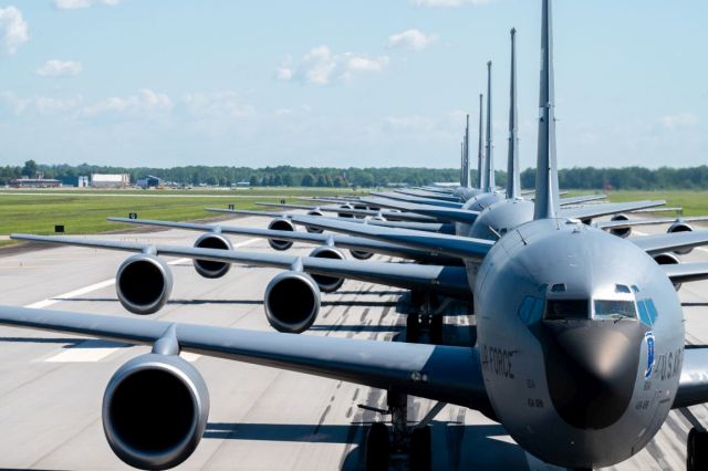 Eight KC-135R Stratotankers assigned to the 434th Air Refueling Wing participate in a "Formation Friday" elephant walk, June 7, 2024, Grissom Air Reserve Base, Indiana. As the only active Air Force Reserve Command unit in Indiana, the Hoosier Wing, aligned under Fourth Air Force, plays a crucial role in global Air Force operations and contingencies. (U.S. Air Force photo by Senior Airman Alexis Morris)